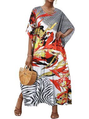 Women's Saffron Stripe Plus Size V Neck Caftan Long Batwing Sleeve Cover Up